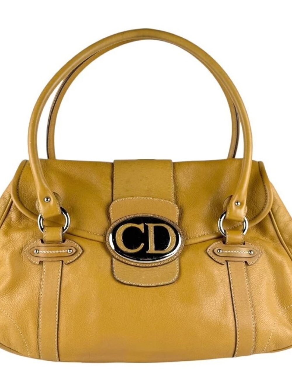 Christian Dior Shoulder Bag Mustard Yellow Leather/Silvertone